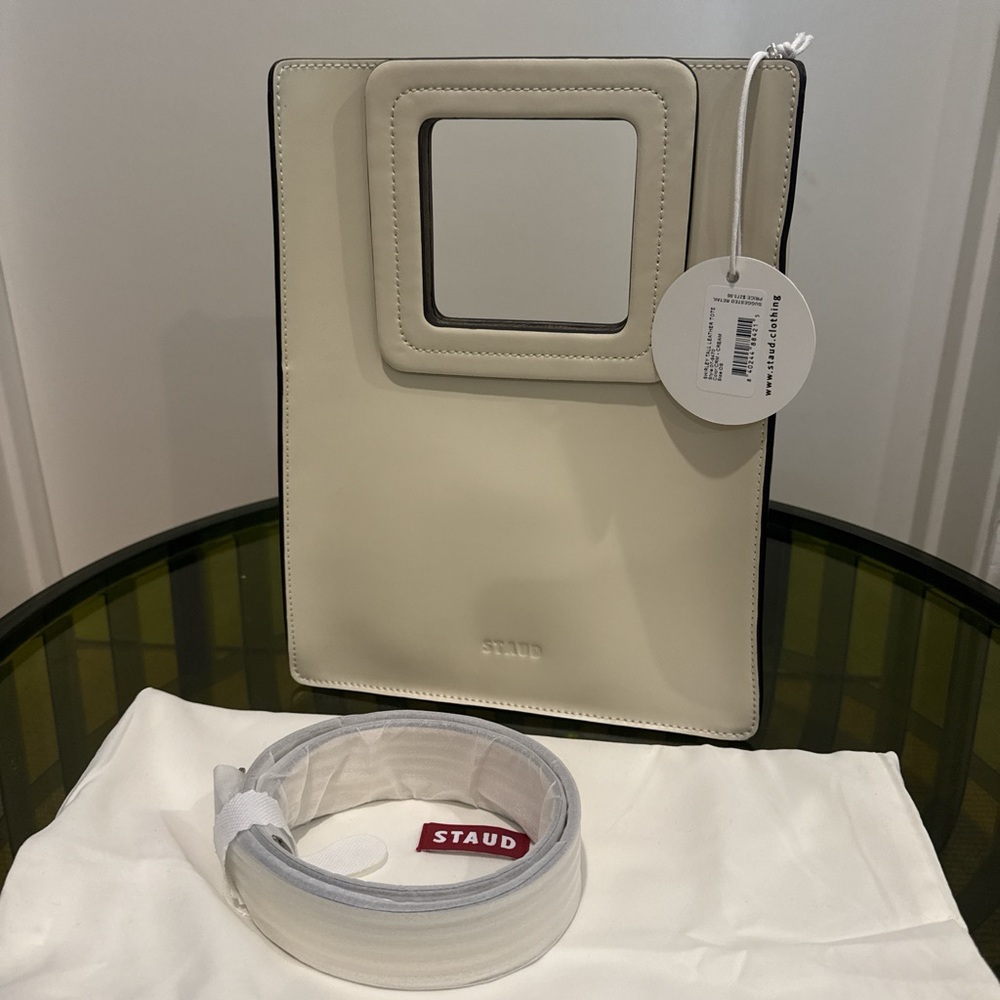 STAUD Cream Leather Tote with Square Handle